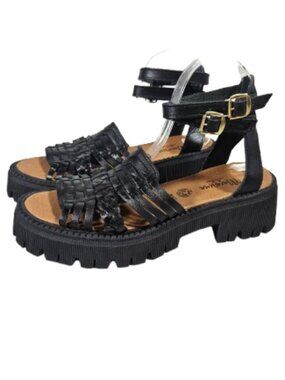 Macarena Black Platform Ankle Strap Sandals Women's Size 10 Chunky Boho Festival